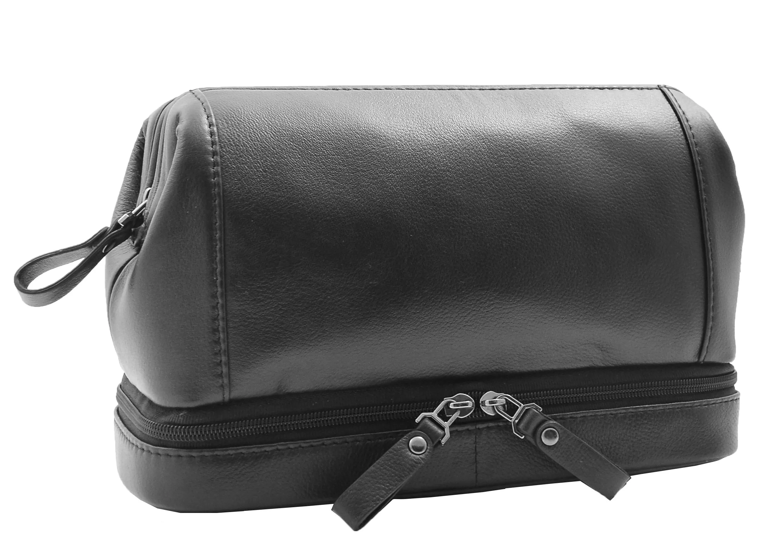 DR347 Real Leather Toiletry Wash Bag Travel Pouch Black