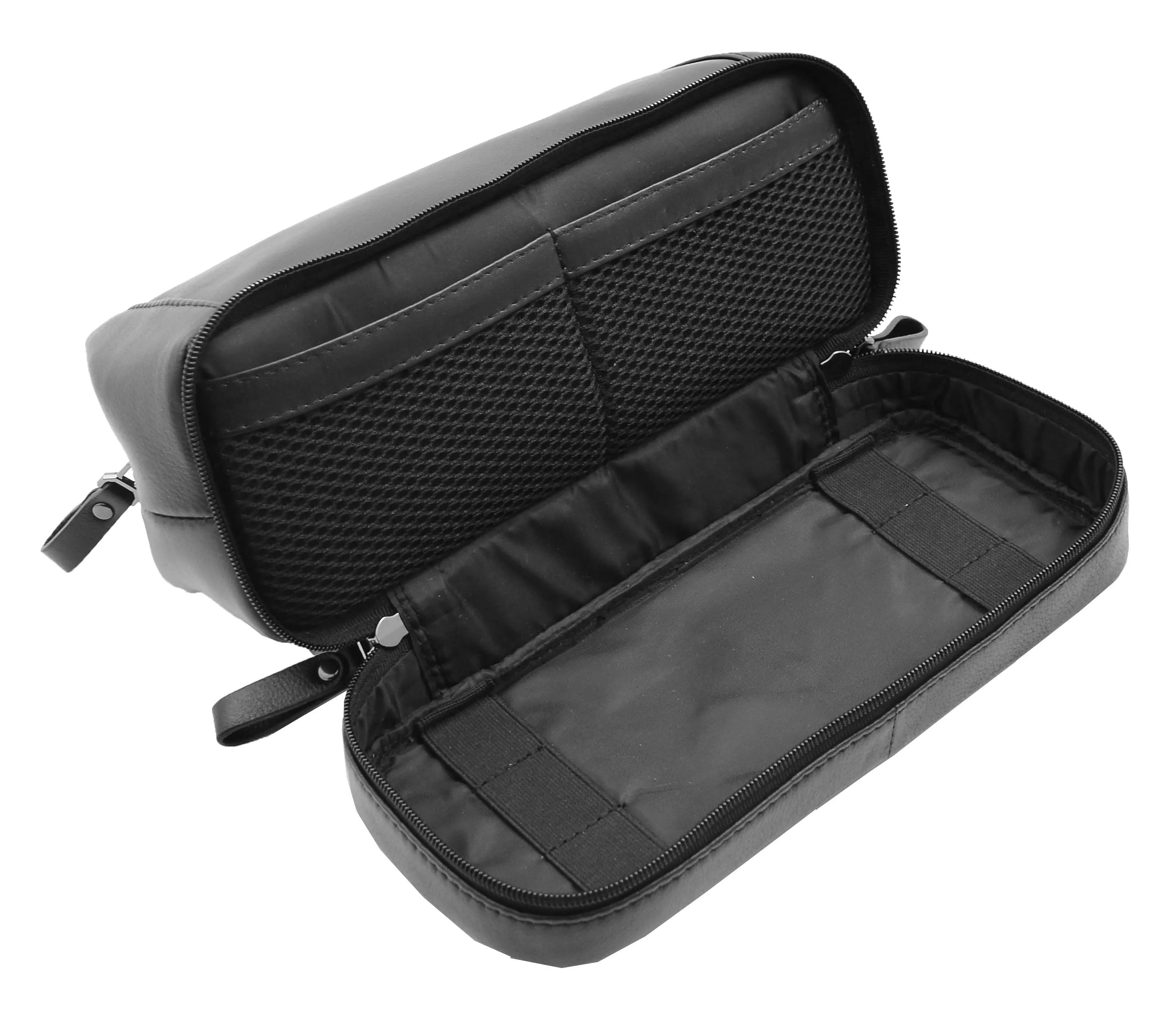 DR347 Real Leather Toiletry Wash Bag Travel Pouch Black