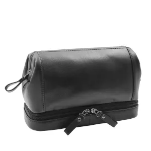 DR347 Real Leather Toiletry Wash Bag Travel Pouch Black