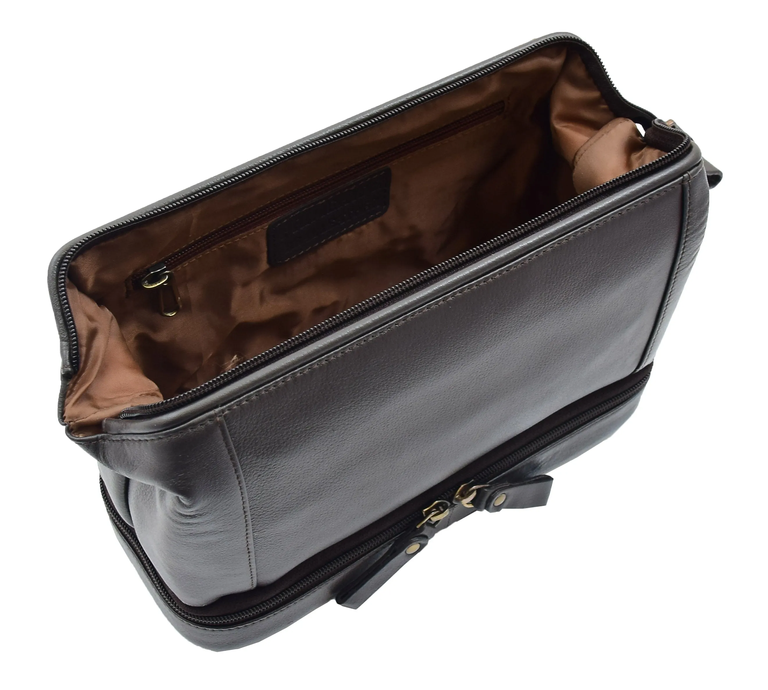 DR347 Real Leather Toiletry Wash Bag Travel Pouch Brown