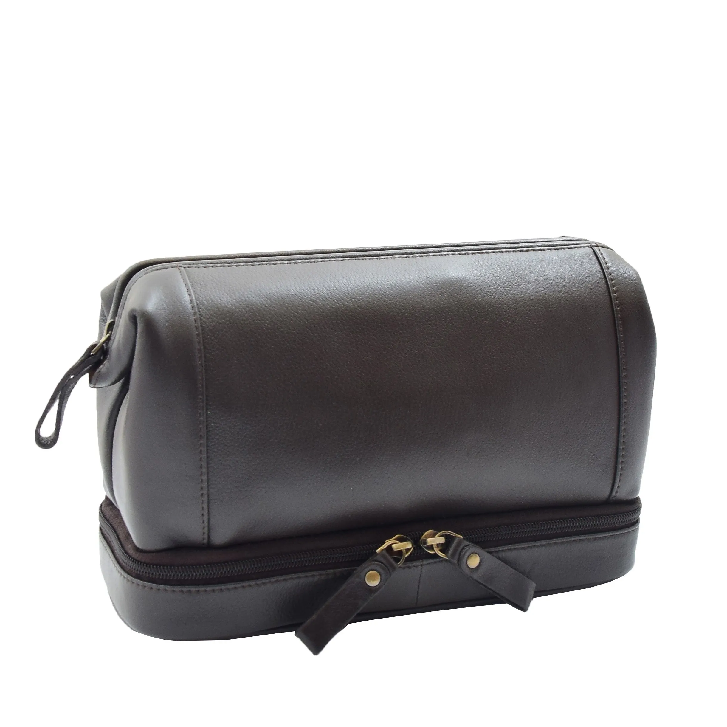 DR347 Real Leather Toiletry Wash Bag Travel Pouch Brown