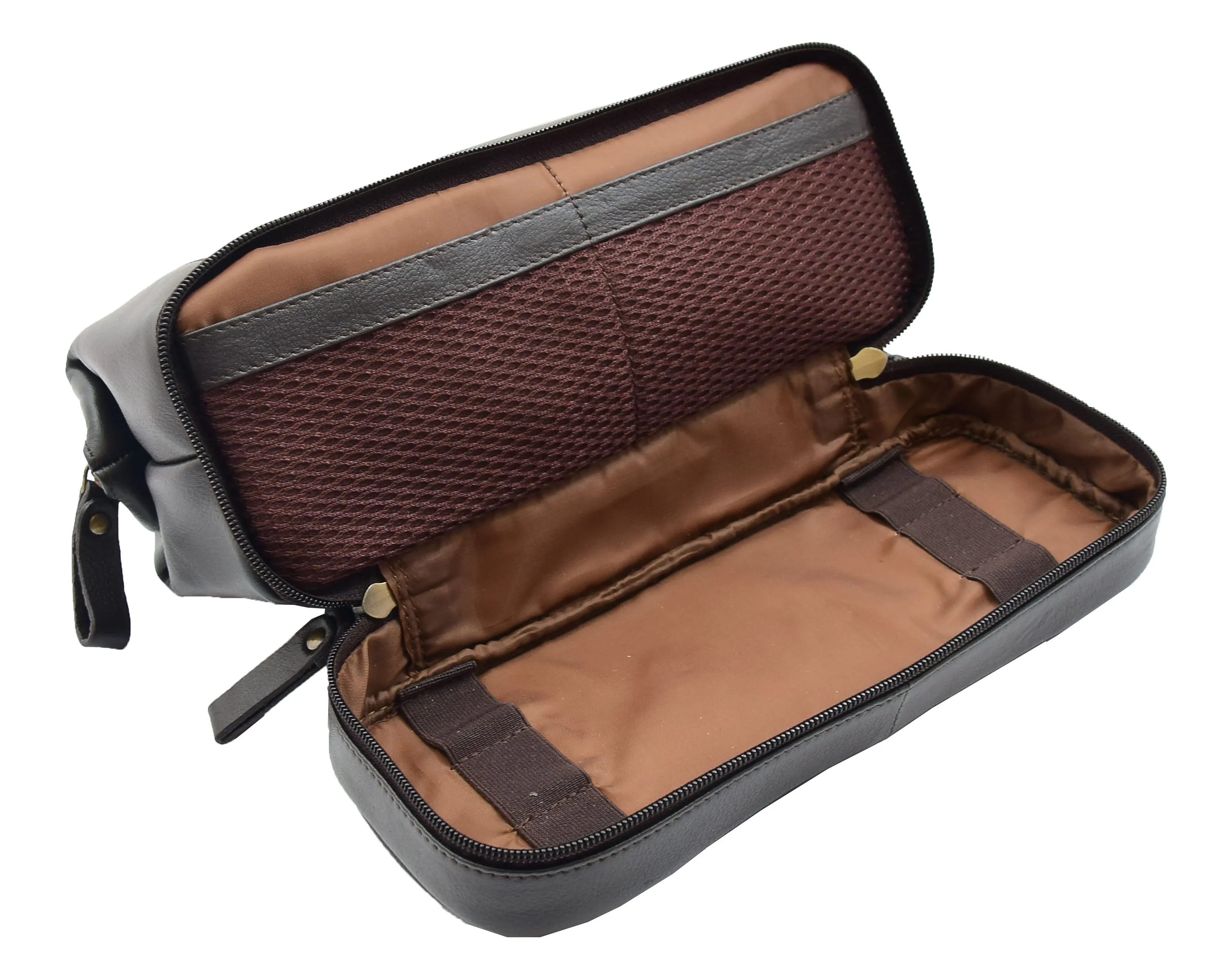 DR347 Real Leather Toiletry Wash Bag Travel Pouch Brown
