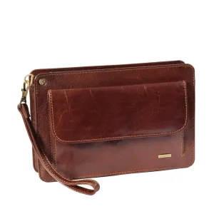 DR371 Real Leather Wristlet Pouch Brown
