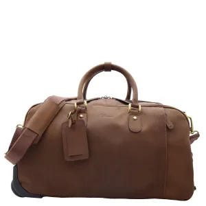 DR611 Premium Leather Overnight Wheeled Holdall Bag Brown