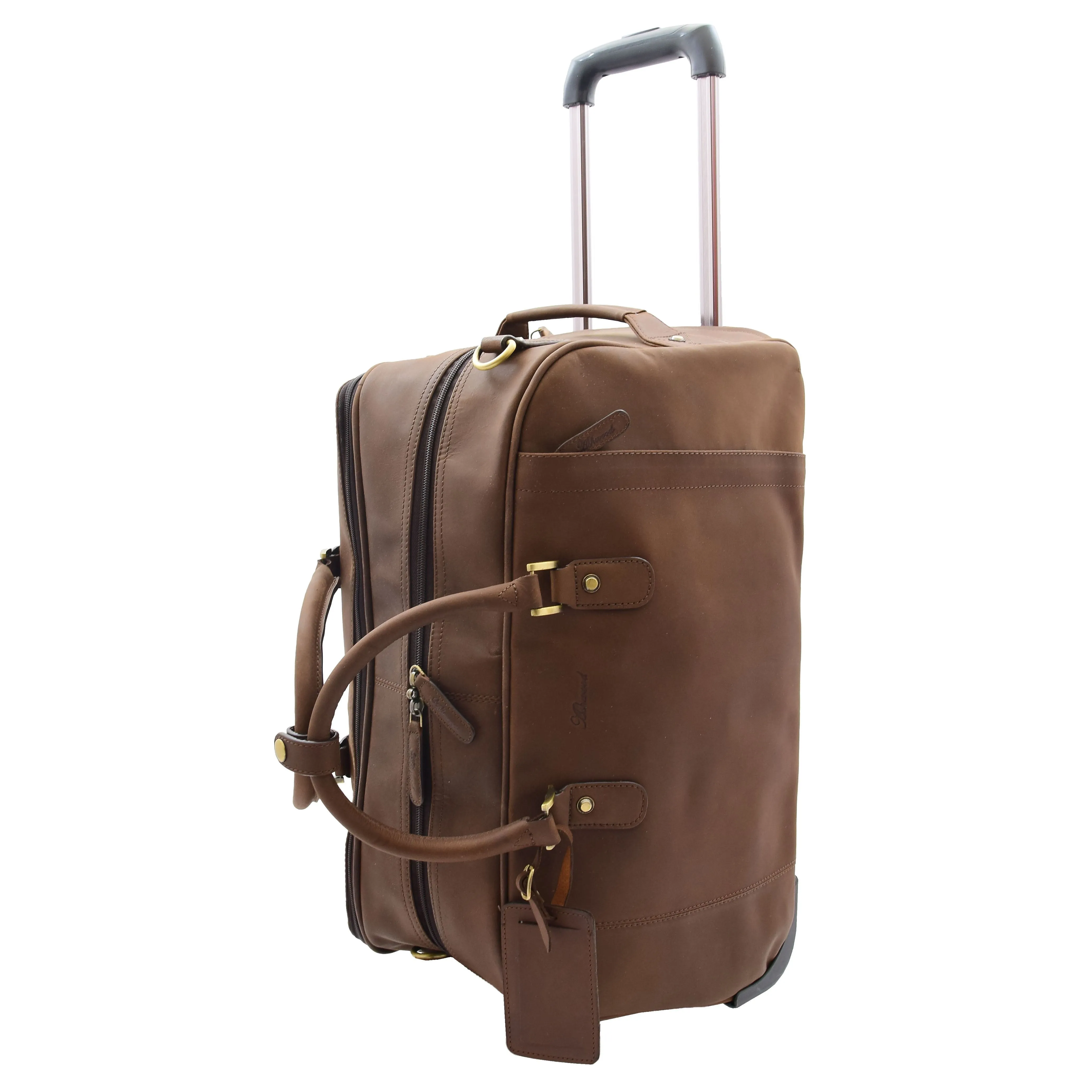 DR611 Premium Leather Overnight Wheeled Holdall Bag Brown