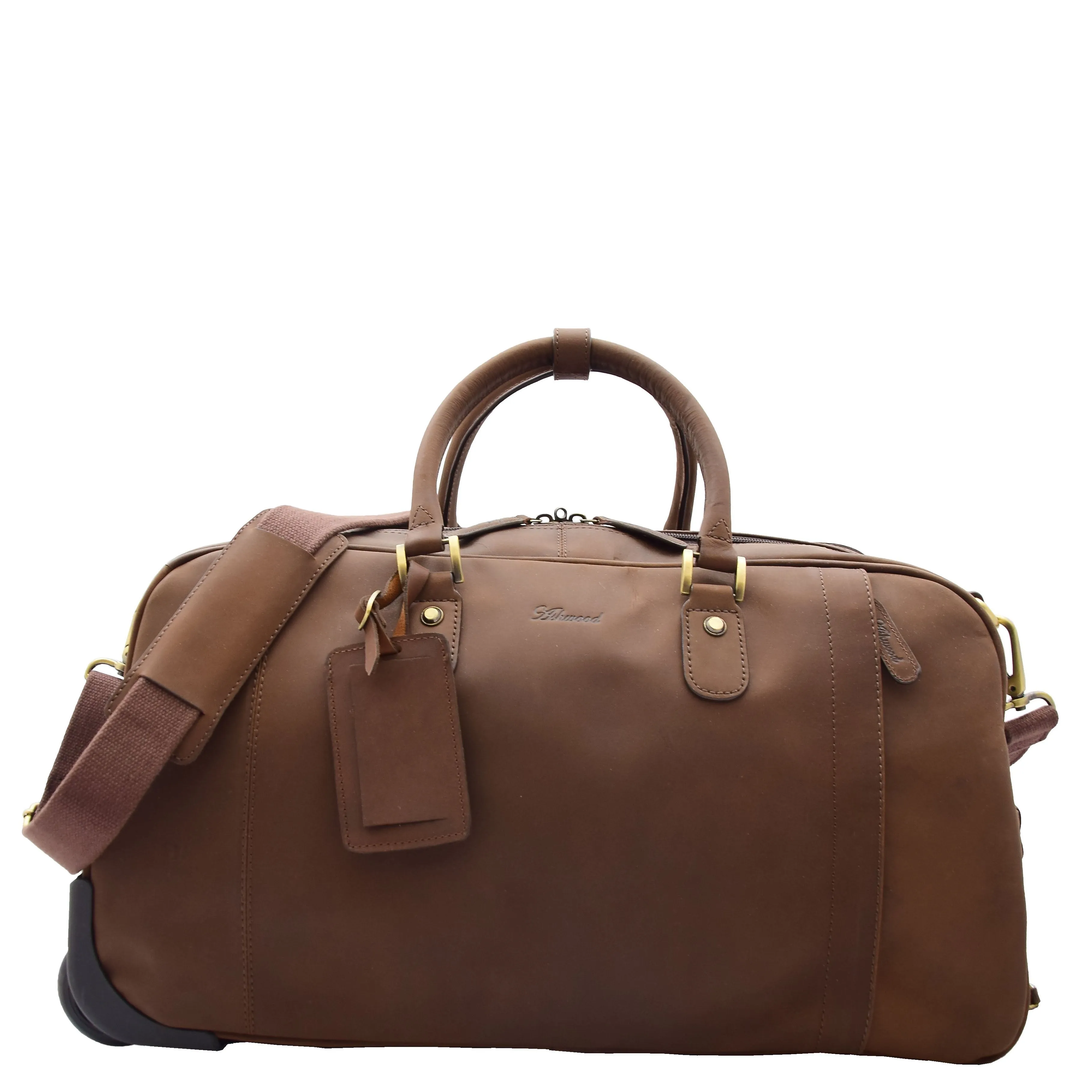 DR611 Premium Leather Overnight Wheeled Holdall Bag Brown
