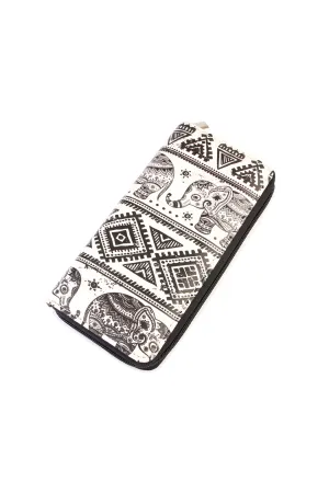 ELEPHANT MANDALA LEATHER ZIPPER WALLET-BLACK WHITE