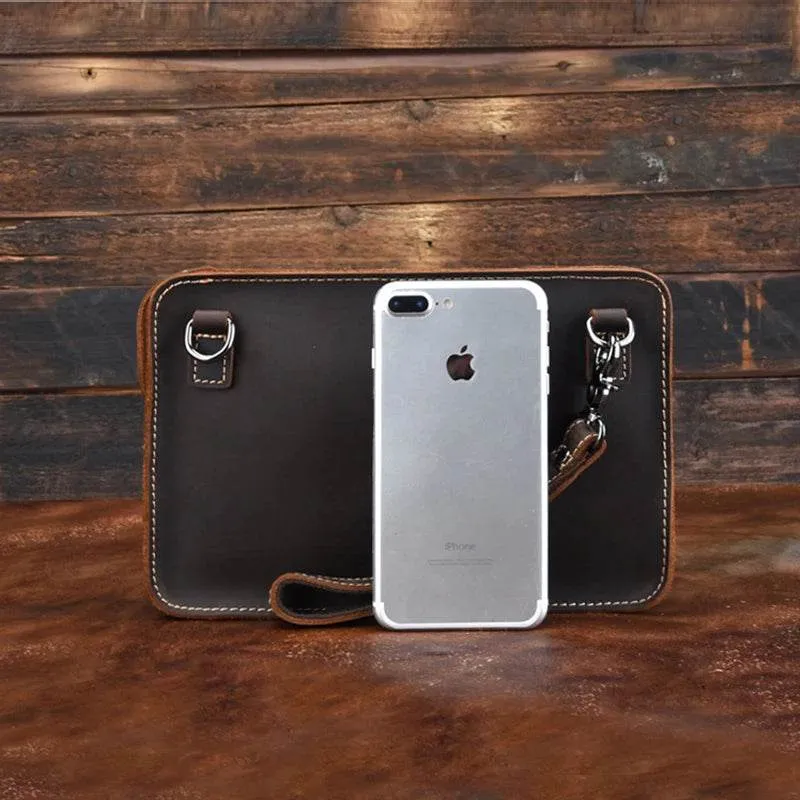 Fashion Men's Genuine Leather File Document Bags with Wrist Sling