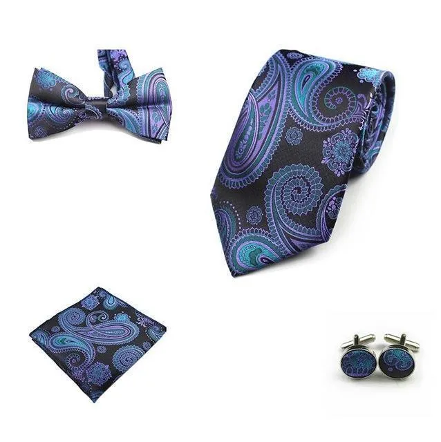 Four (4) Piece-Necktie, Handkerchief, Bow-tie, Cuff-links Set