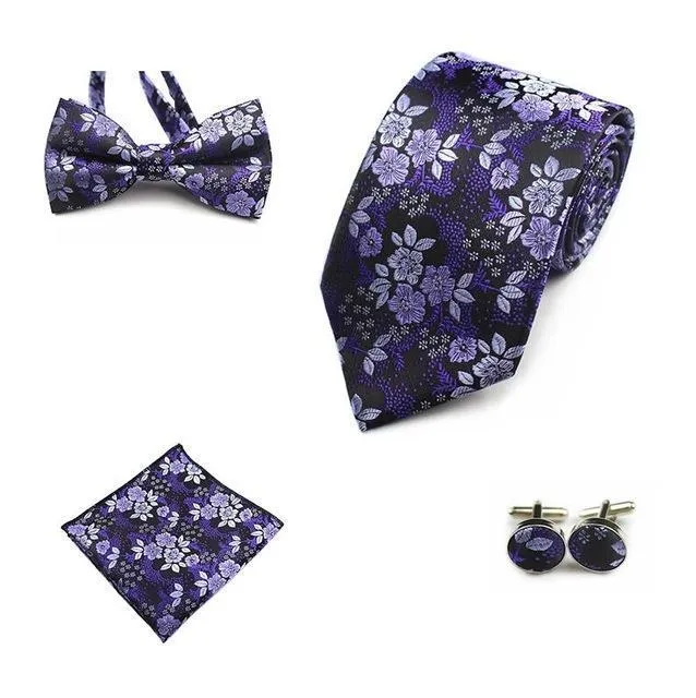 Four (4) Piece-Necktie, Handkerchief, Bow-tie, Cuff-links Set
