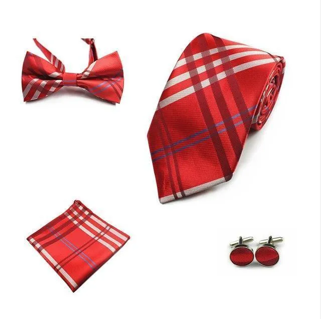 Four (4) Piece-Necktie, Handkerchief, Bow-tie, Cuff-links Set