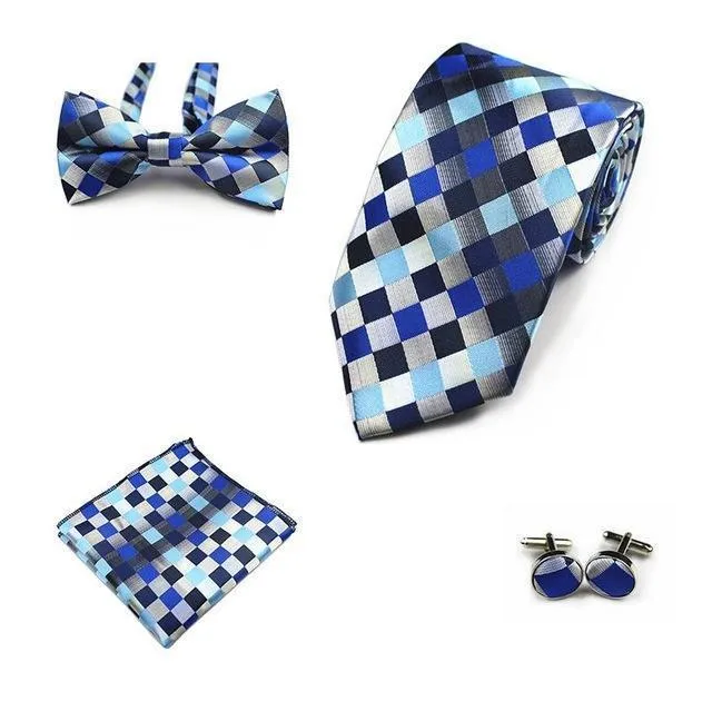 Four (4) Piece-Necktie, Handkerchief, Bow-tie, Cuff-links Set