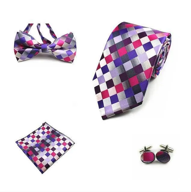 Four (4) Piece-Necktie, Handkerchief, Bow-tie, Cuff-links Set
