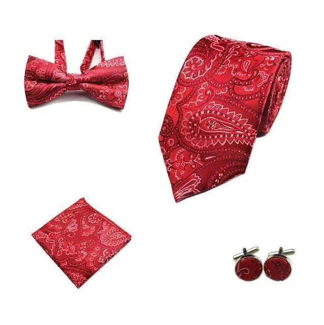 Four (4) Piece-Necktie, Handkerchief, Bow-tie, Cuff-links Set