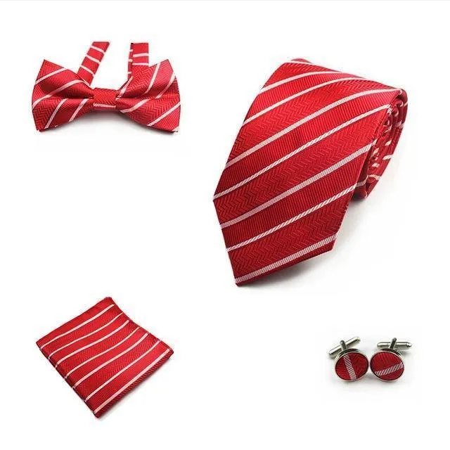 Four (4) Piece-Necktie, Handkerchief, Bow-tie, Cuff-links Set