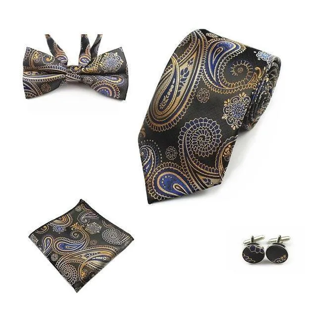 Four (4) Piece-Necktie, Handkerchief, Bow-tie, Cuff-links Set