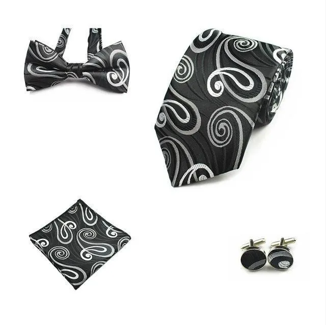 Four (4) Piece-Necktie, Handkerchief, Bow-tie, Cuff-links Set