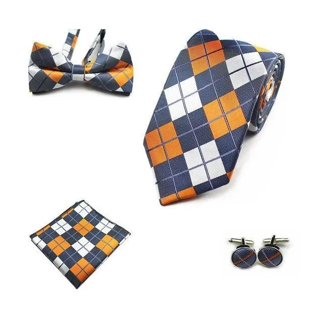 Four (4) Piece-Necktie, Handkerchief, Bow-tie, Cuff-links Set