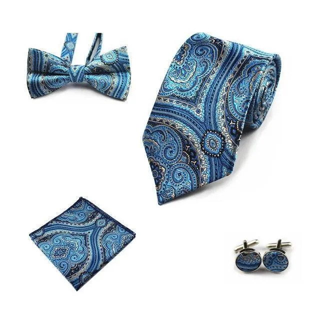 Four (4) Piece-Necktie, Handkerchief, Bow-tie, Cuff-links Set