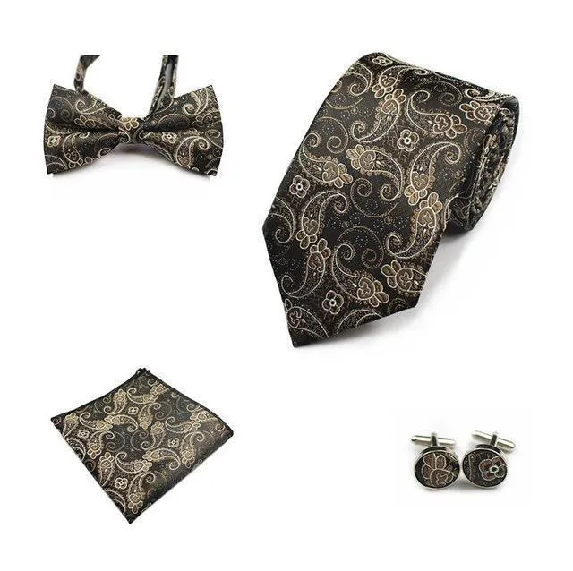 Four (4) Piece-Necktie, Handkerchief, Bow-tie, Cuff-links Set