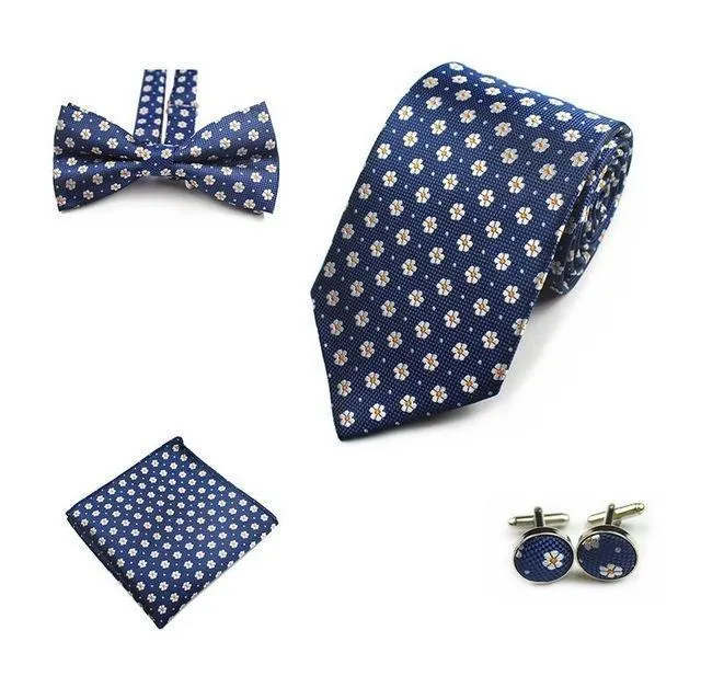Four (4) Piece-Necktie, Handkerchief, Bow-tie, Cuff-links Set