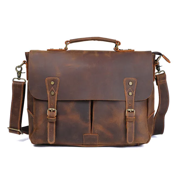 Full Grain Leather Briefcase Men's Leather Messenger Bag Handmade Laptop Bag Crossbody Shoulder Bag Top Handle Business Bag