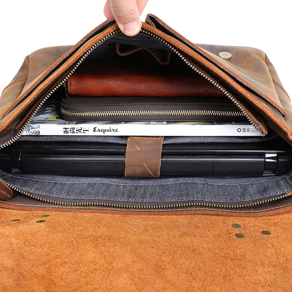 Full Grain Leather Briefcase Men's Leather Messenger Bag Handmade Laptop Bag Crossbody Shoulder Bag Top Handle Business Bag