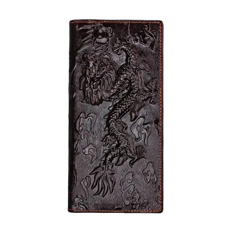 Genuine Leather Long Wallet 3D Dragon Embossed