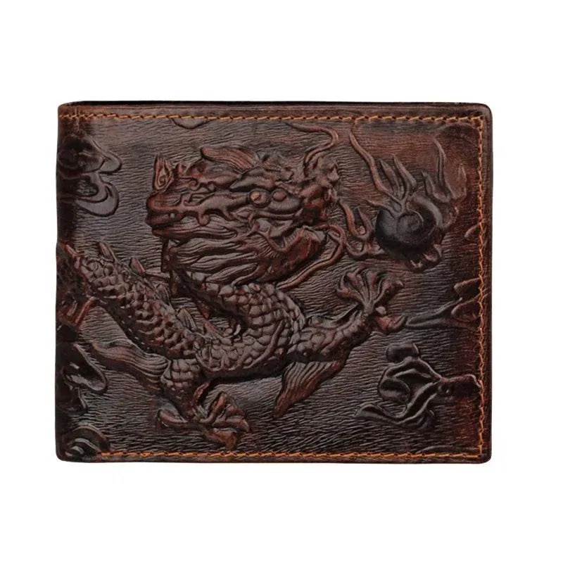 Genuine Leather Long Wallet 3D Dragon Embossed