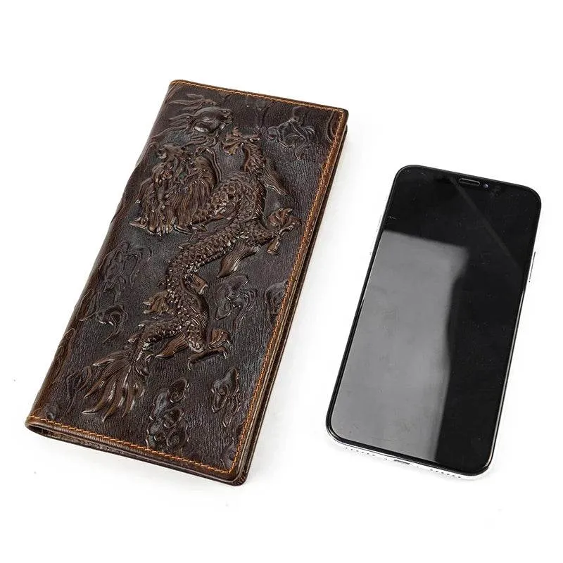 Genuine Leather Long Wallet 3D Dragon Embossed