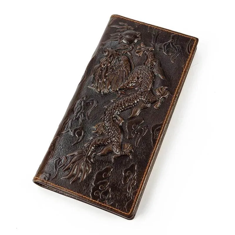 Genuine Leather Long Wallet 3D Dragon Embossed