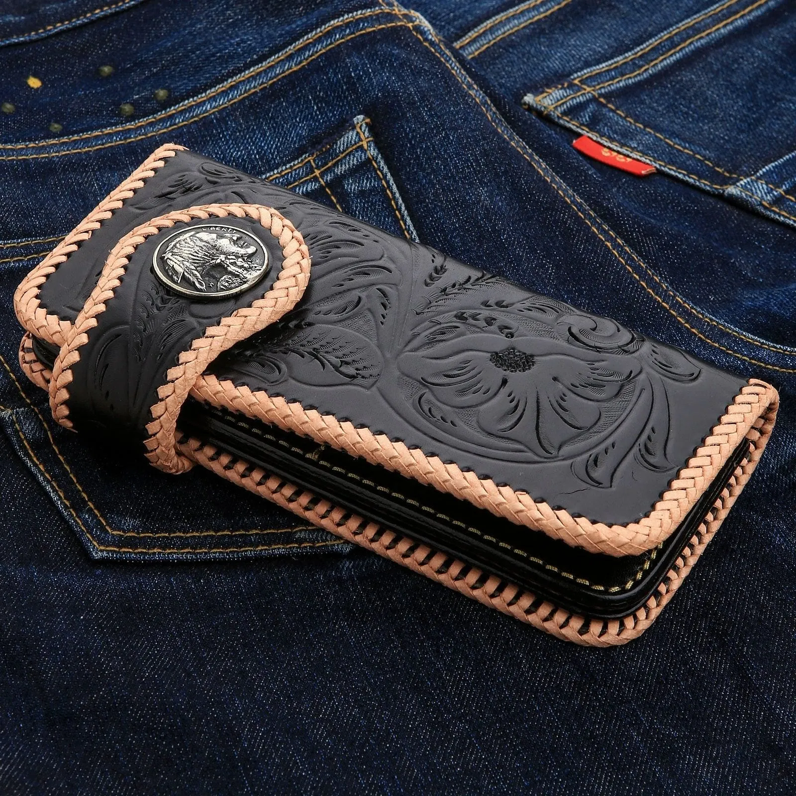 Genuine Leather White & Black Indian Snap Biker Wallet