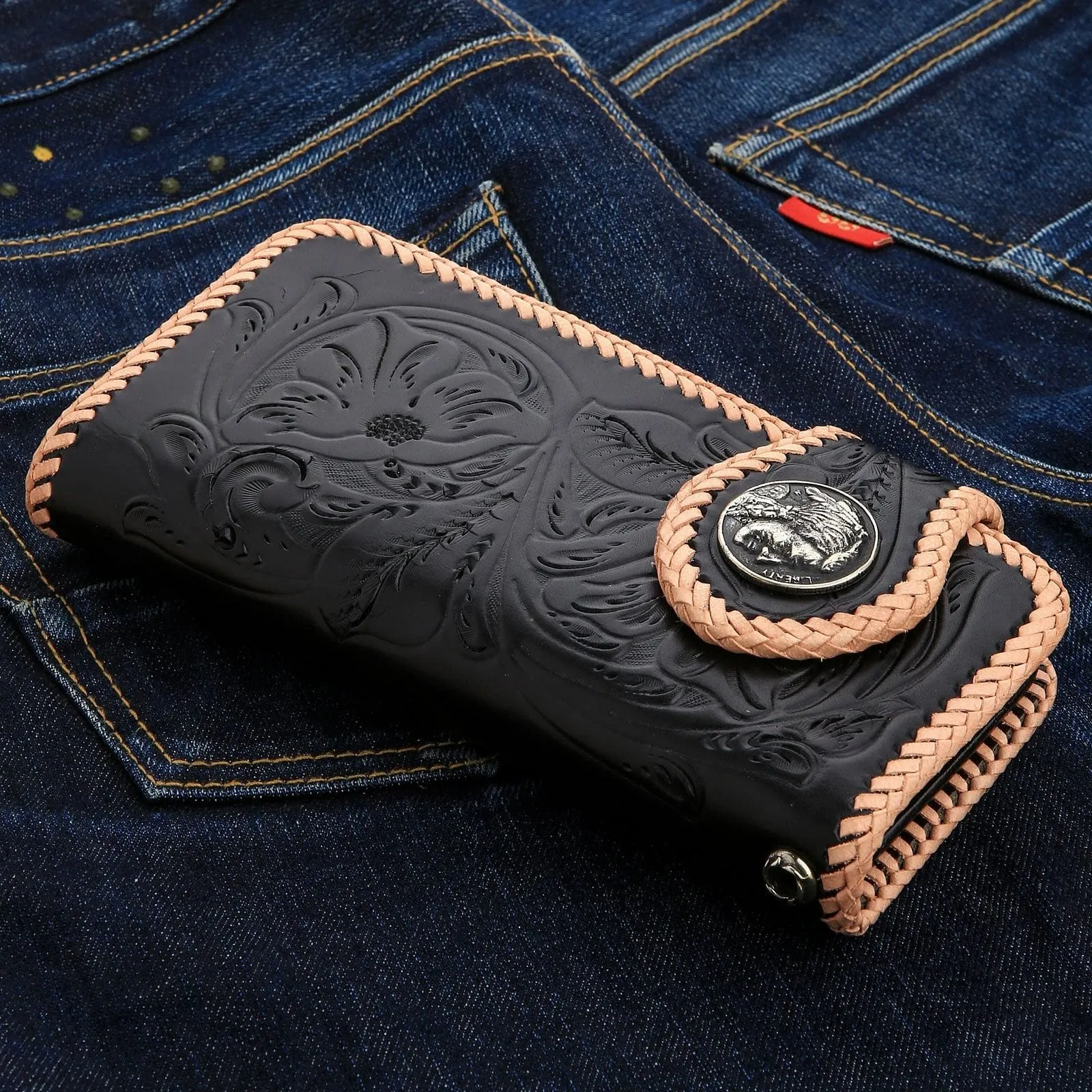 Genuine Leather White & Black Indian Snap Biker Wallet
