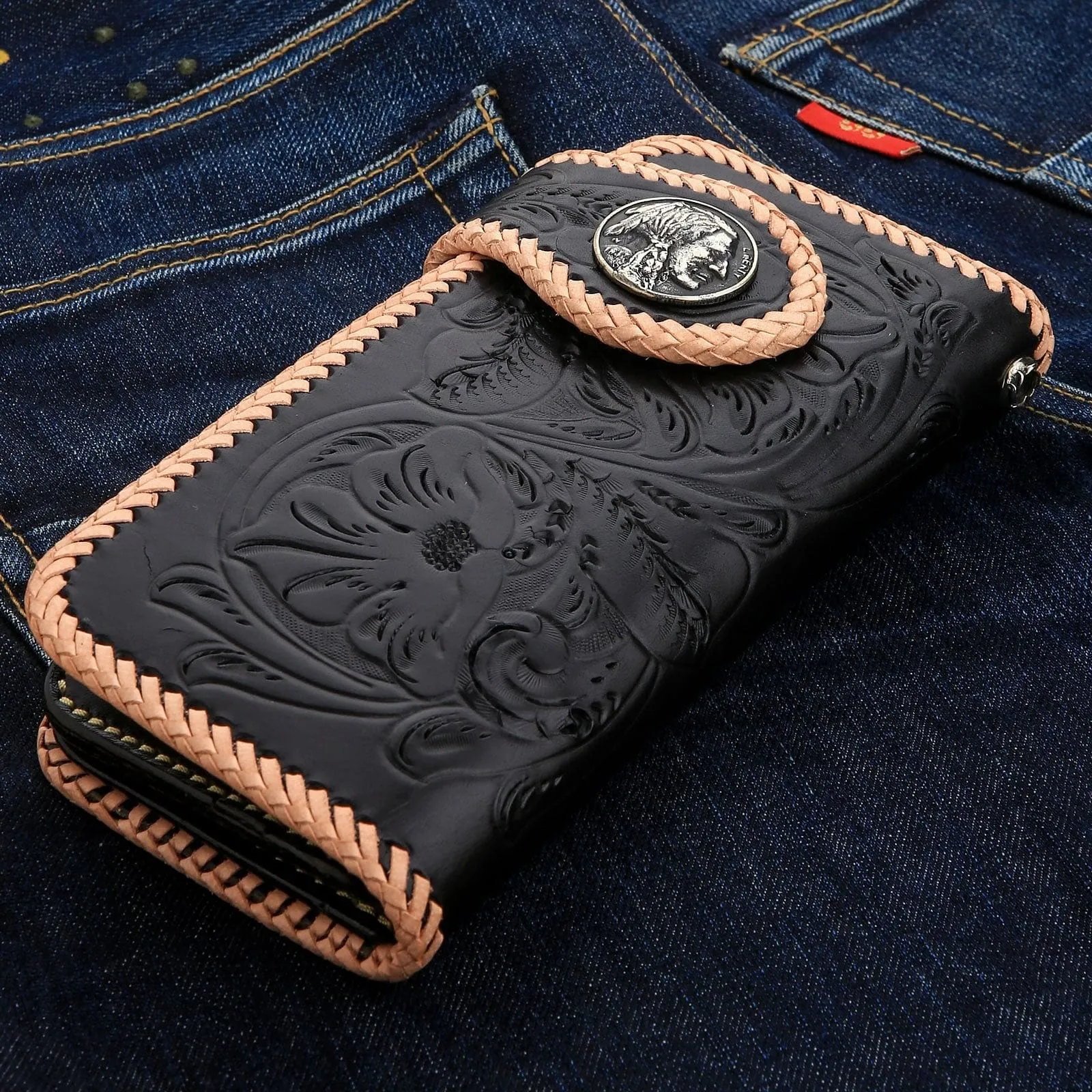 Genuine Leather White & Black Indian Snap Biker Wallet