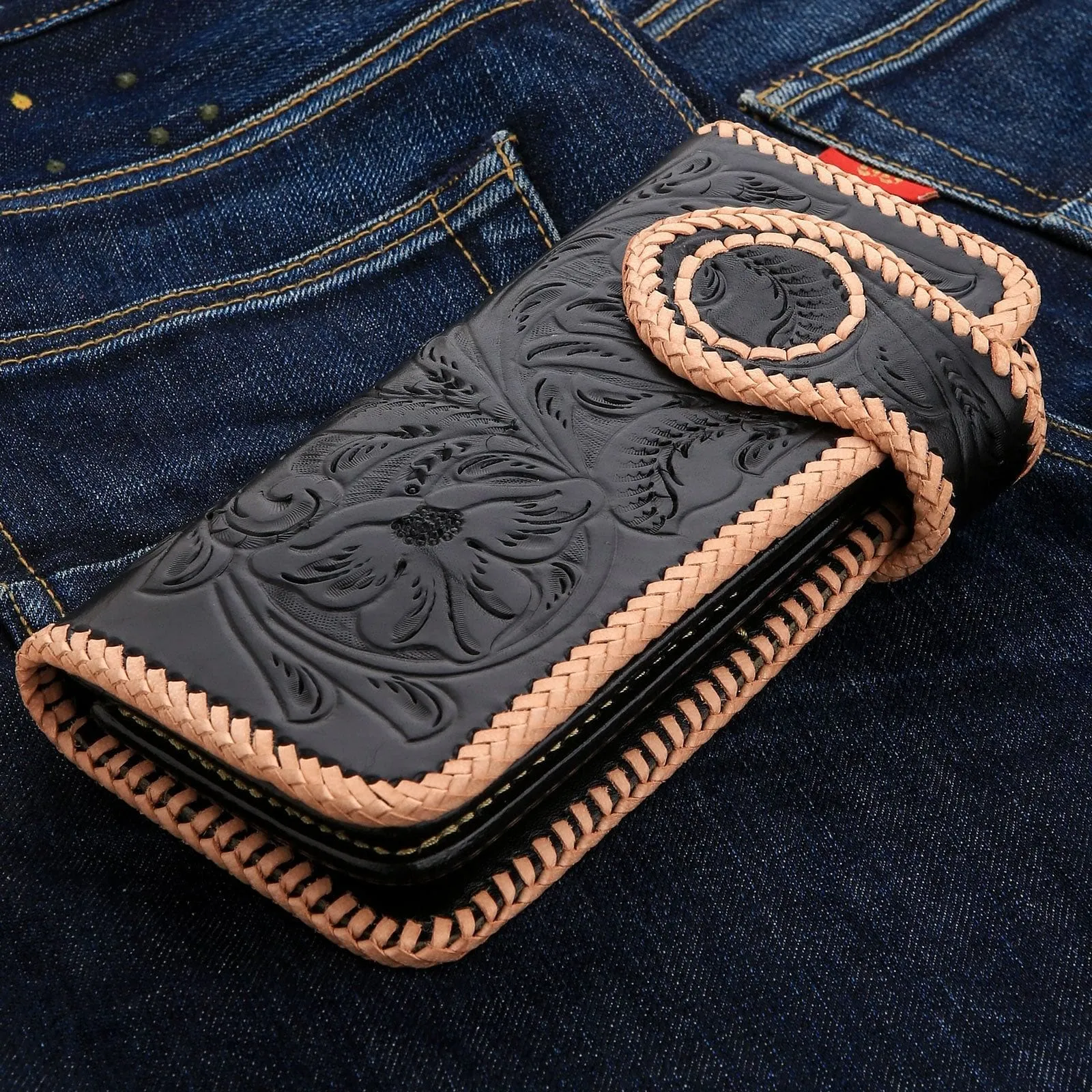 Genuine Leather White & Black Indian Snap Biker Wallet