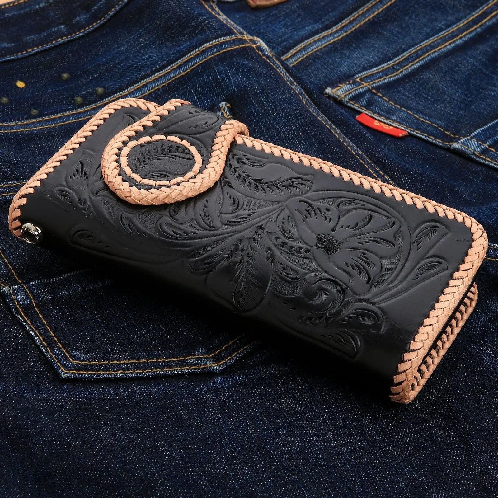 Genuine Leather White & Black Indian Snap Biker Wallet
