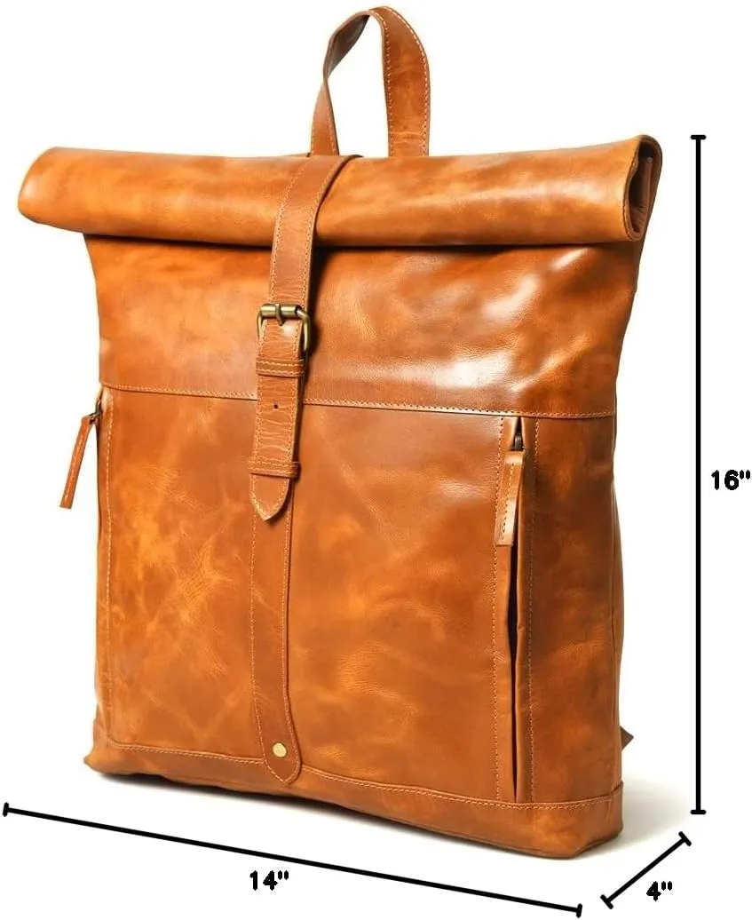Gratlin Buffalo Leather Roll On Laptop Backpack 16 Inches | Vintage Genuine Leather Rucksack Backpack for Men & Women | Best Full Grain Tan Leather Backpacks