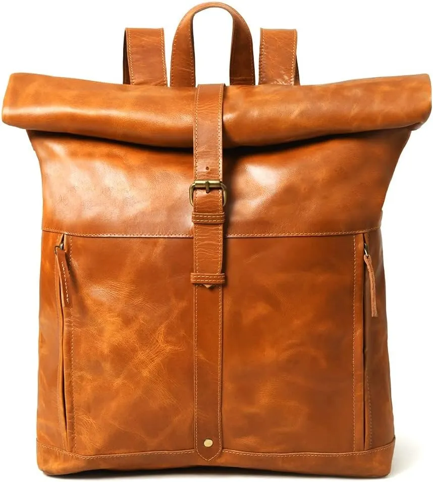 Gratlin Buffalo Leather Roll On Laptop Backpack 16 Inches | Vintage Genuine Leather Rucksack Backpack for Men & Women | Best Full Grain Tan Leather Backpacks