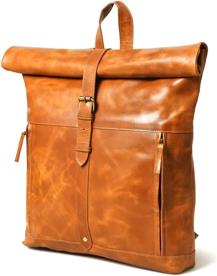 Gratlin Buffalo Leather Roll On Laptop Backpack 16 Inches | Vintage Genuine Leather Rucksack Backpack for Men & Women | Best Full Grain Tan Leather Backpacks