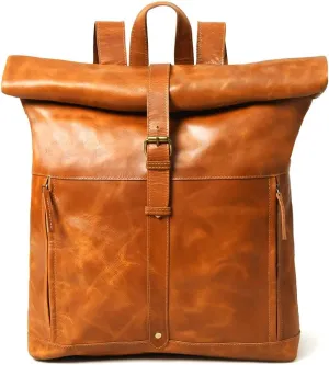 Gratlin Buffalo Leather Roll On Laptop Backpack 16 Inches | Vintage Genuine Leather Rucksack Backpack for Men & Women | Best Full Grain Tan Leather Backpacks