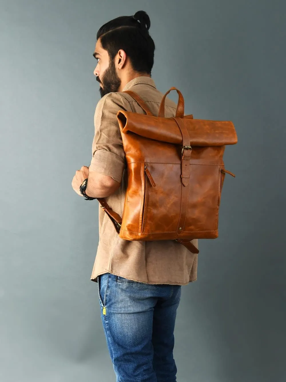 Gratlin Buffalo Leather Roll On Laptop Backpack 16 Inches | Vintage Genuine Leather Rucksack Backpack for Men & Women | Best Full Grain Tan Leather Backpacks