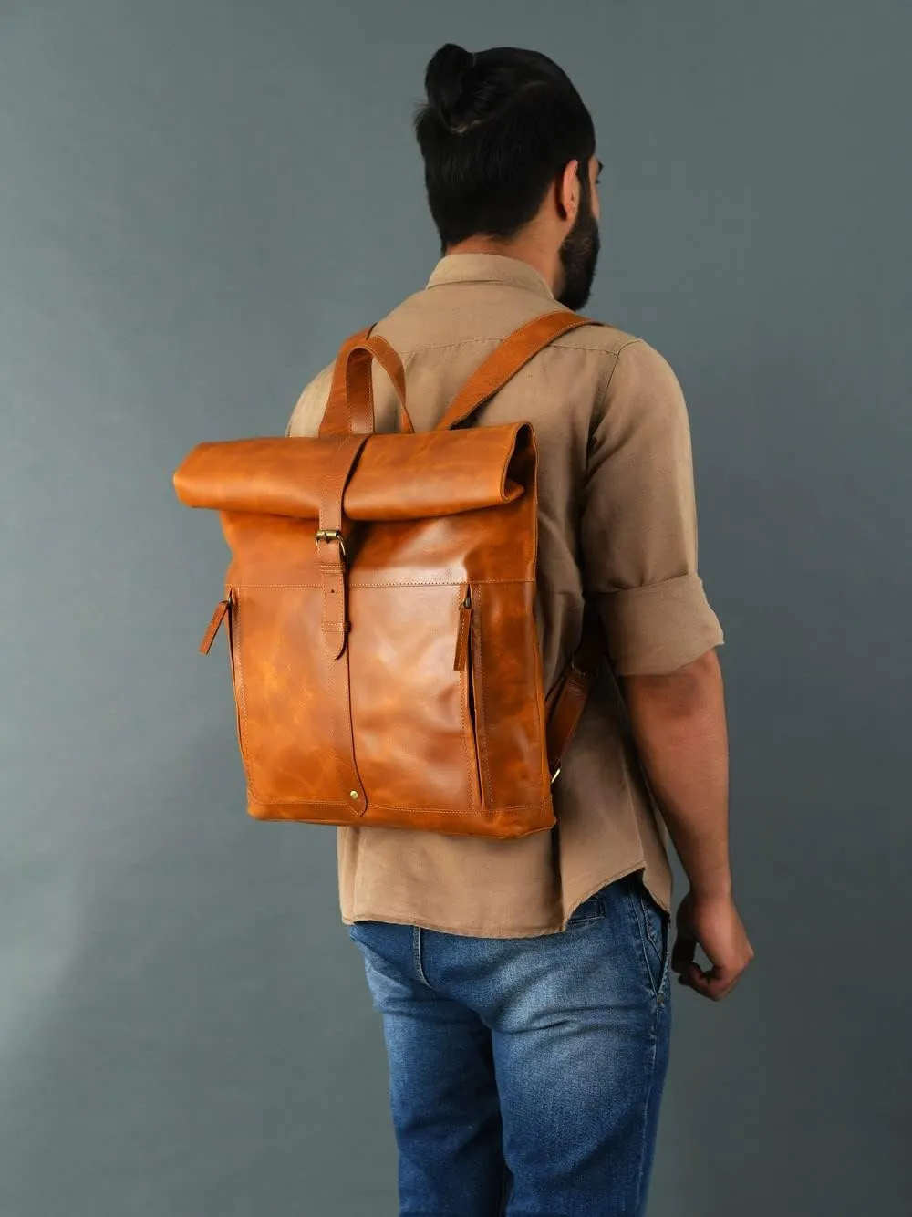Gratlin Buffalo Leather Roll On Laptop Backpack 16 Inches | Vintage Genuine Leather Rucksack Backpack for Men & Women | Best Full Grain Tan Leather Backpacks
