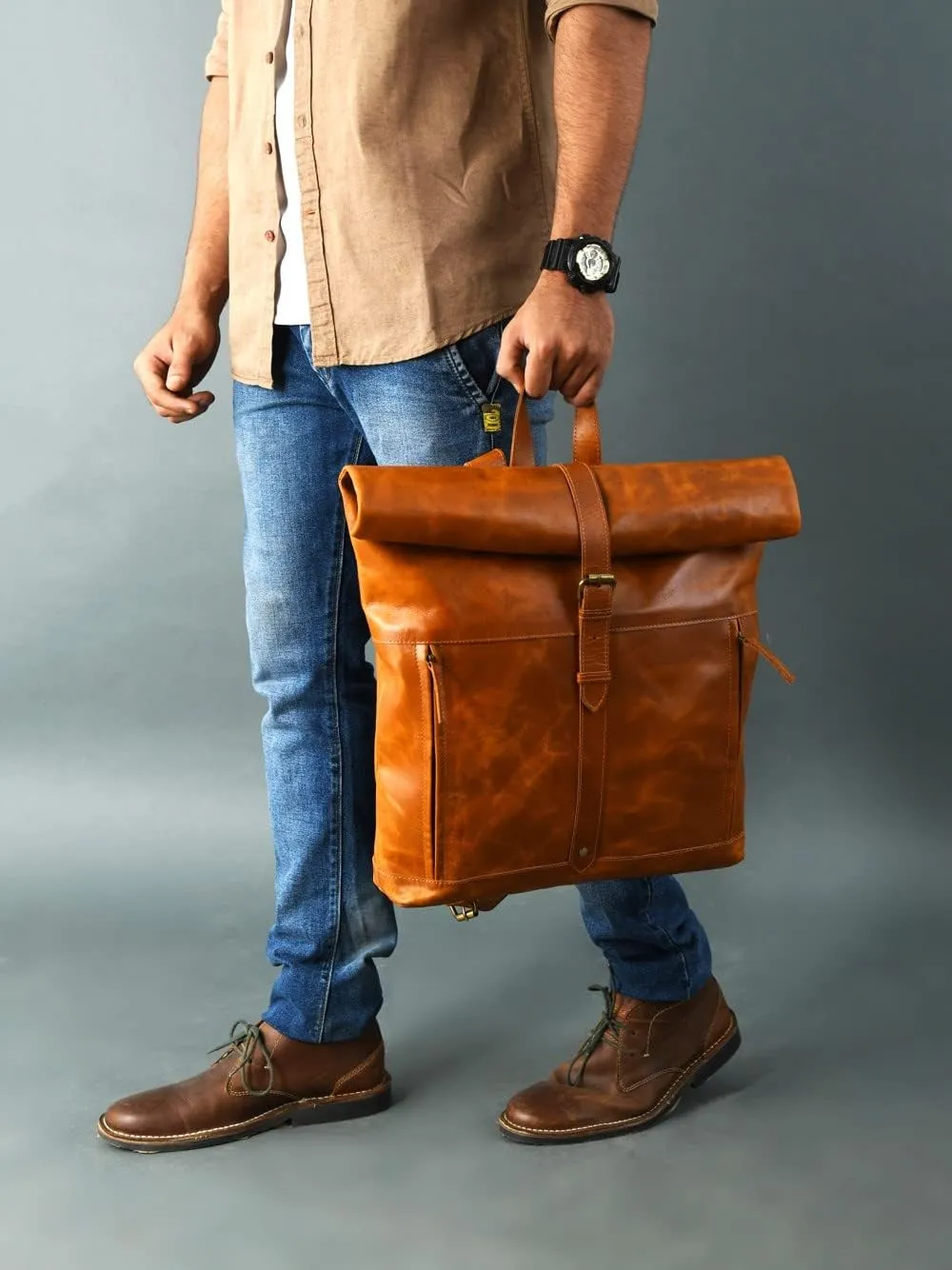 Gratlin Buffalo Leather Roll On Laptop Backpack 16 Inches | Vintage Genuine Leather Rucksack Backpack for Men & Women | Best Full Grain Tan Leather Backpacks