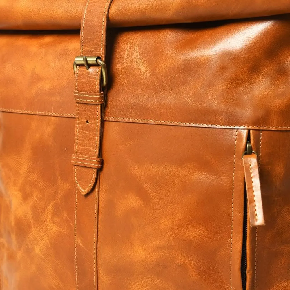 Gratlin Buffalo Leather Roll On Laptop Backpack 16 Inches | Vintage Genuine Leather Rucksack Backpack for Men & Women | Best Full Grain Tan Leather Backpacks