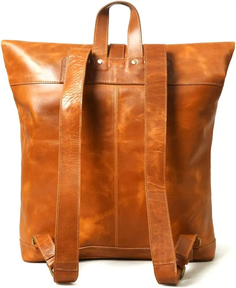 Gratlin Buffalo Leather Roll On Laptop Backpack 16 Inches | Vintage Genuine Leather Rucksack Backpack for Men & Women | Best Full Grain Tan Leather Backpacks