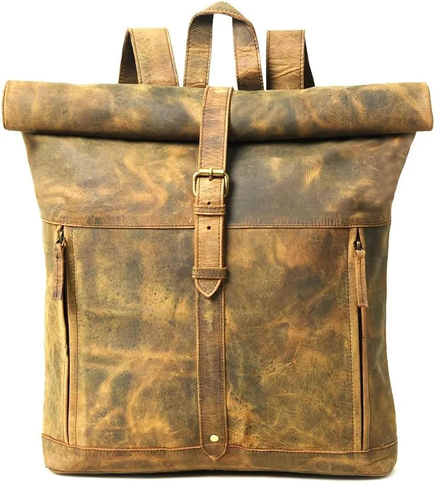 Gratlin Buffalo Leather Roll On Laptop Backpack 16 Inches | Vintage Genuine Leather Rucksack Backpack for Men & Women | Best Full Grain Tan Leather Backpacks