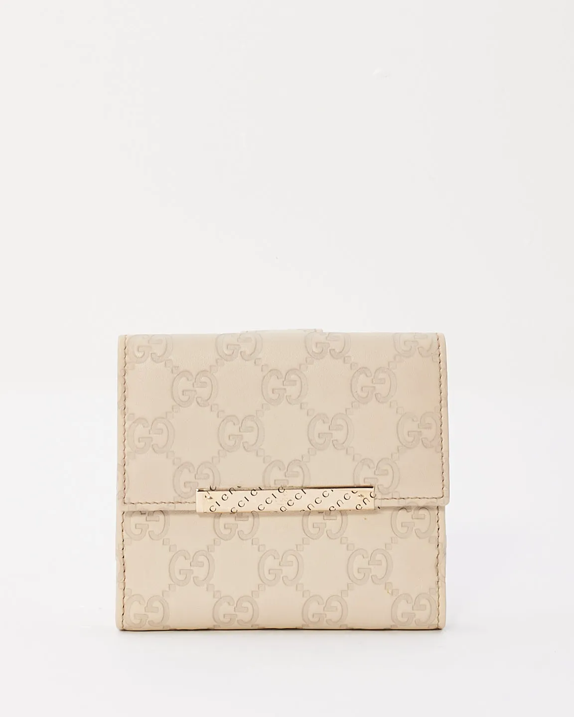 Gucci White Leather Guccissima Bi Fold Snap Closure Wallet