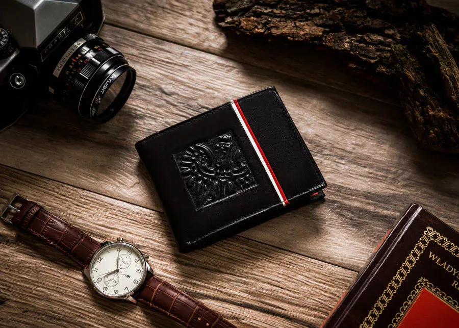 Horizontal Leather Wallet Embossed with Square Polish Eagle & White and Red Trim