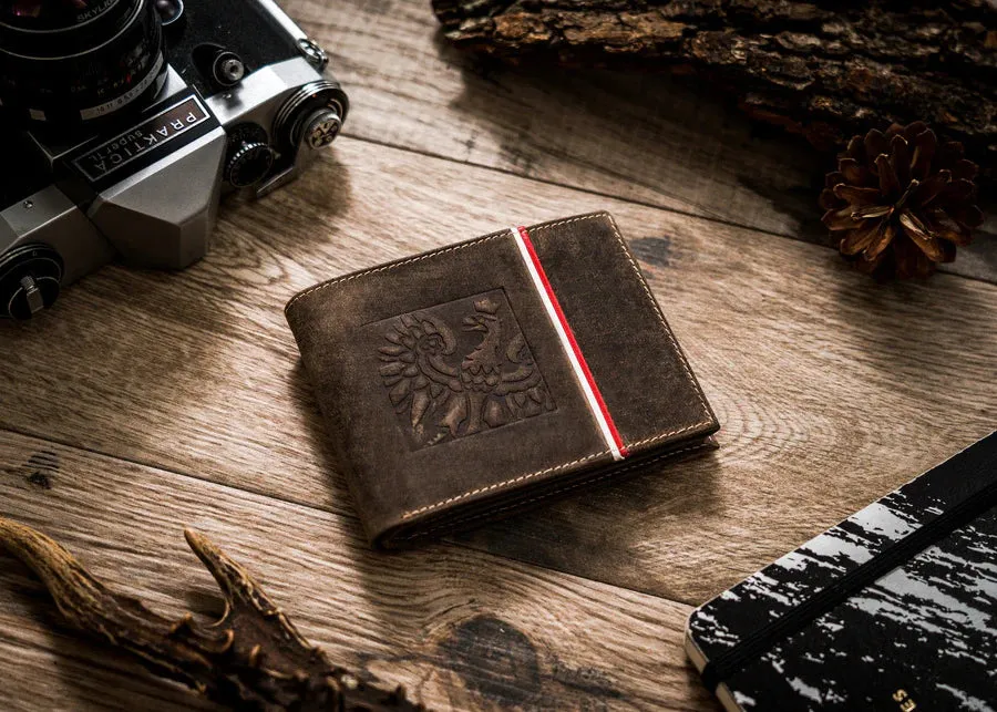 Horizontal Leather Wallet Embossed with Square Polish Eagle & White and Red Trim