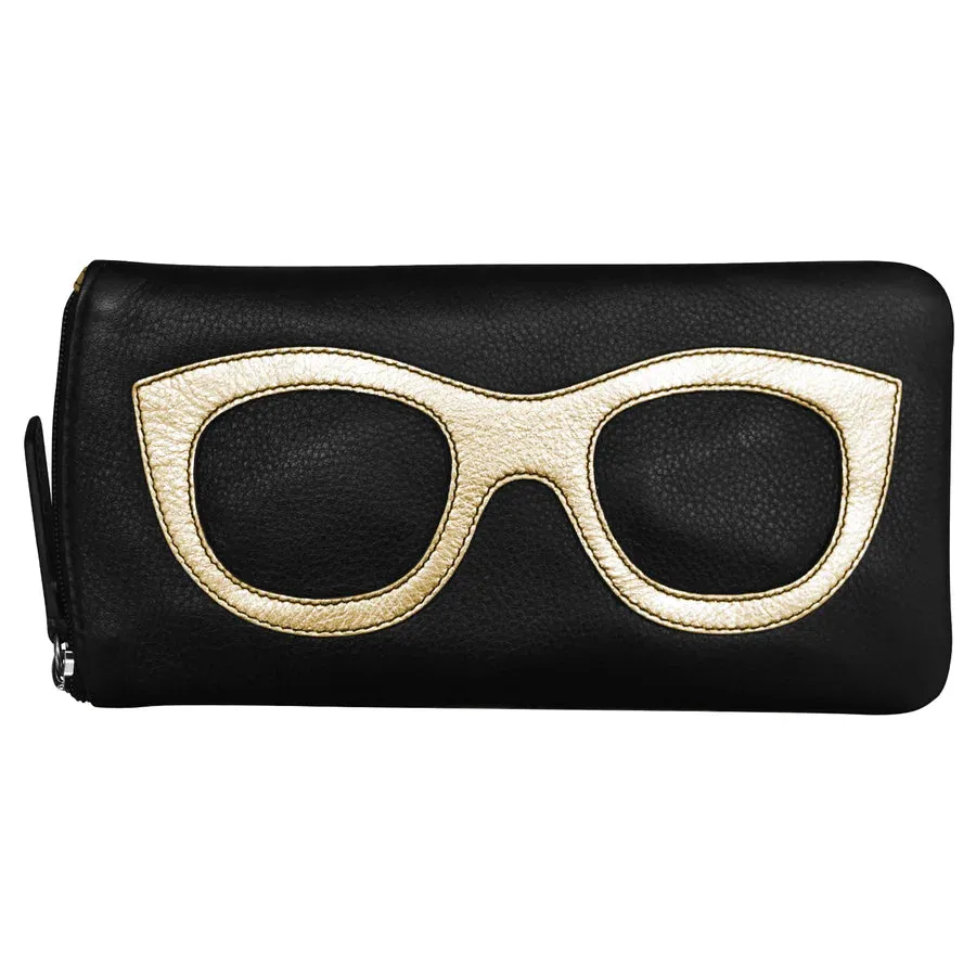 ILI New York Leather Eyeglass Case Zippered Glasses Wallet Black Light Gold NEW
